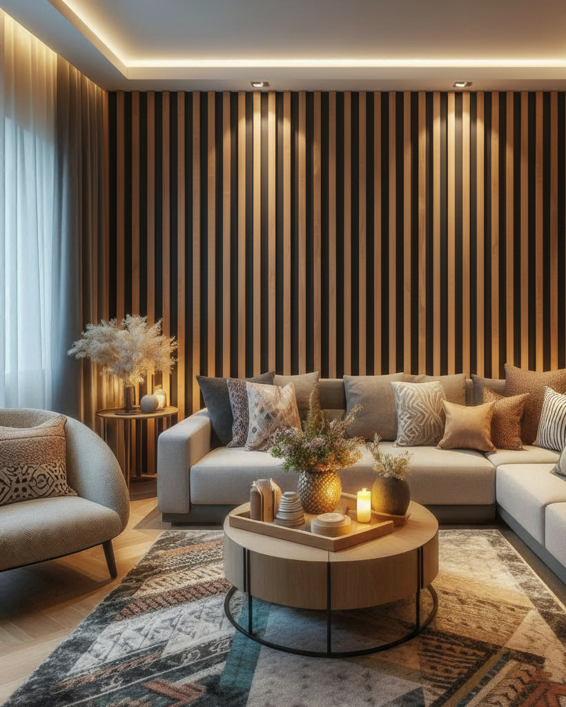 חיפוי קיר פסים צבע עץ כהה משולב שחור