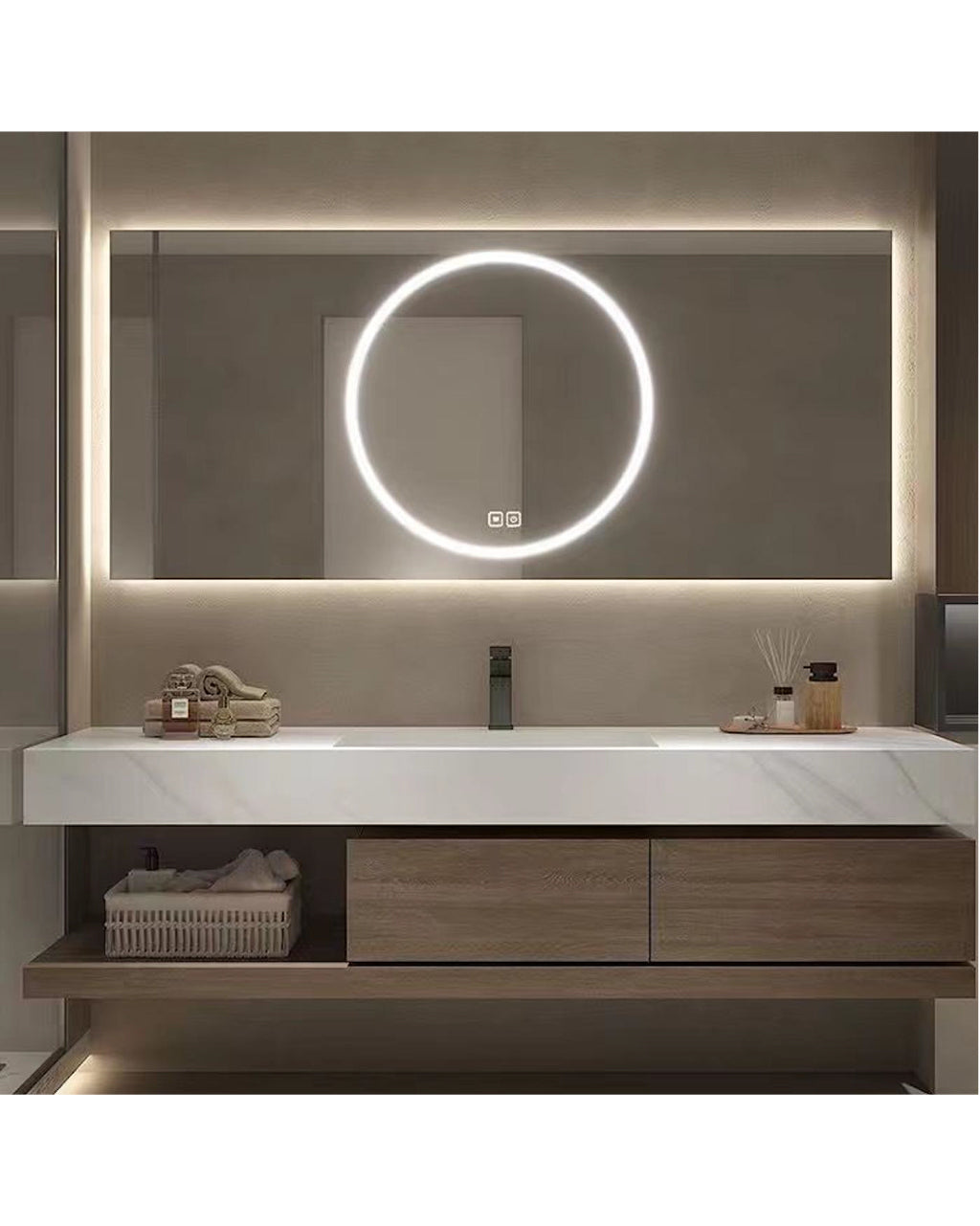 מראת קיר מלבן עם עיגול תאורה במרכז