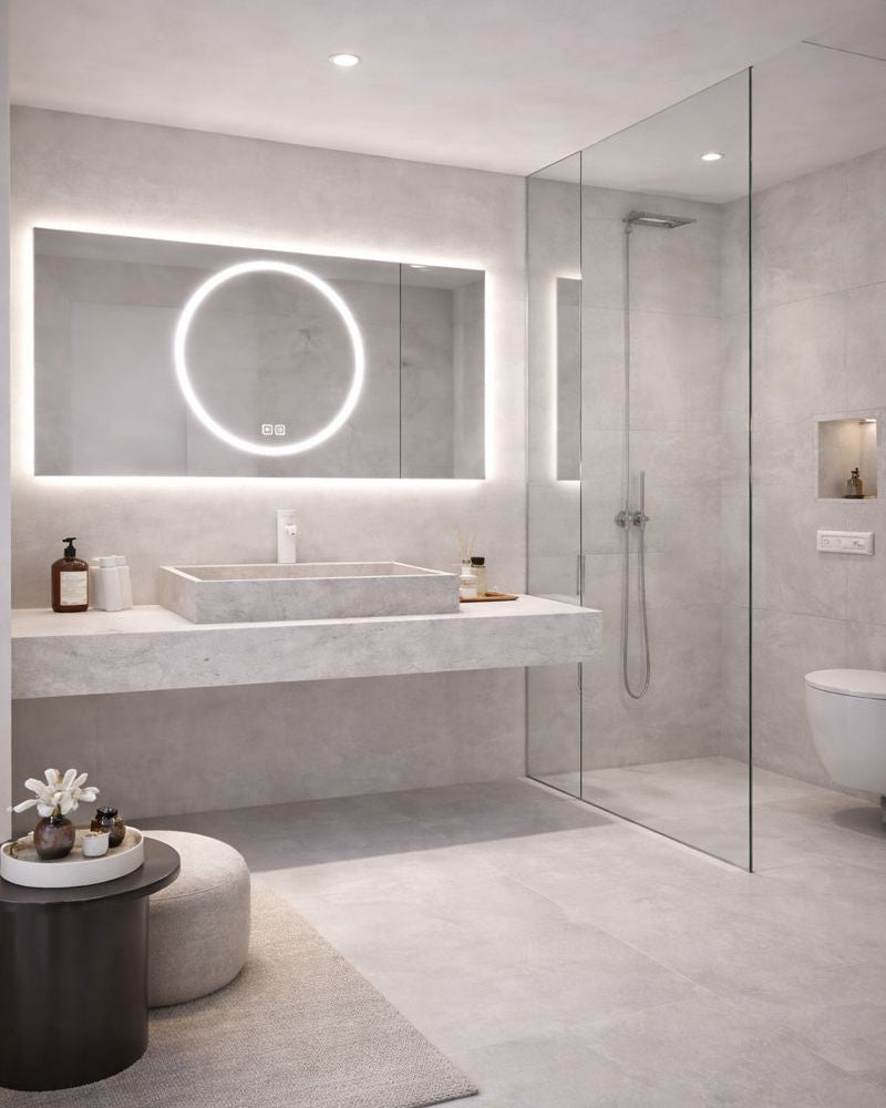 מראת קיר מלבן עם עיגול תאורה במרכז