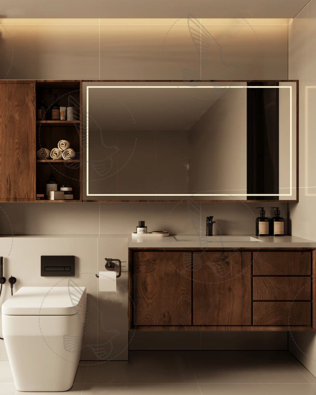 מראת קיר בצורת מלבן עם מסגרת לד